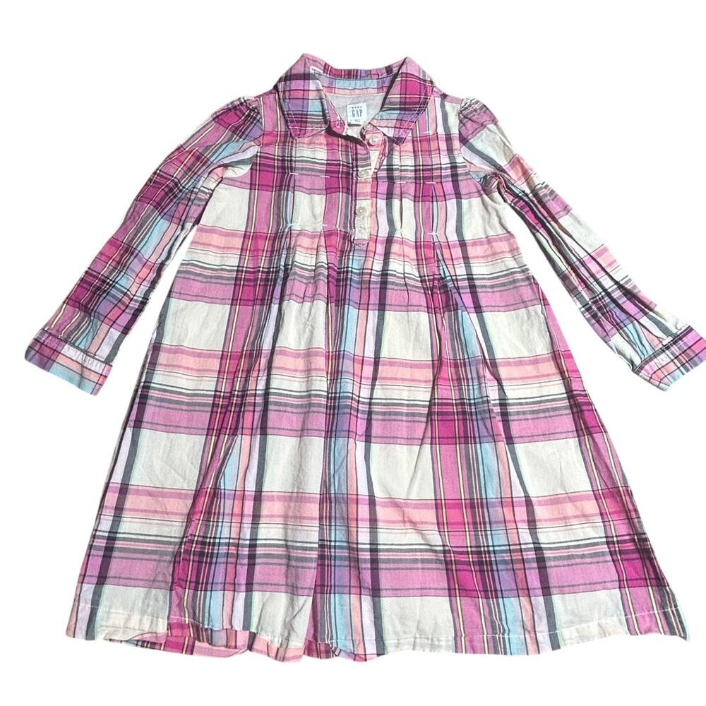 Gap girls size 5 long sleeve plaid shirtdress pink, purple and cream